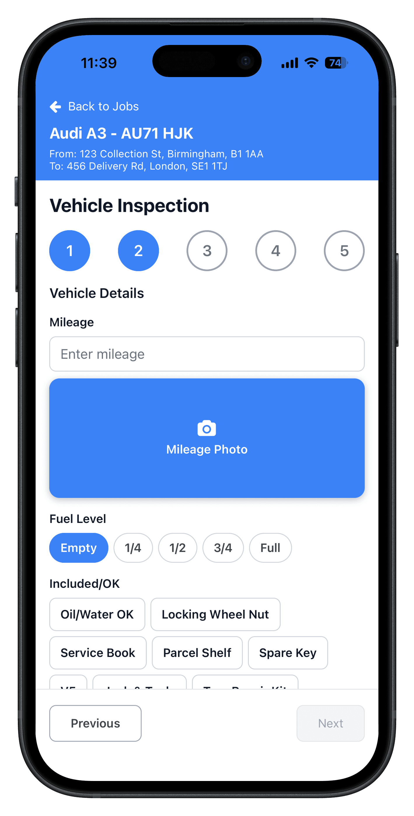 DriveTrack mobile app vehicle inspection screen
